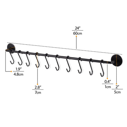 Wallniture 24" Gourmet Kitchen Rail for with 10 S Hooks for Hanging Utensils, Pot Pan Lid Rack Storage Organizer Set, Steel, Black