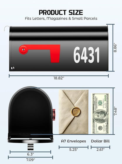 AZUNO Mailboxes for Outside, Black Metal Post Mount Mailbox with Red Flag & Address Numbers, Medium Capacity Mailbox for House,Galvanized Steel,19 * 8.9 * 7.1 inches