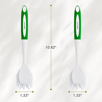 Amazer Dish Brush with Handle, 2 Pack Kitchen Scrub Brushes with Built-in Scraper for Cleaning, Dish Scrubber with Stiff Bristles for Sink, Pots, Pans (Green+Green)