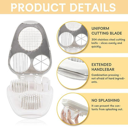 3-in-1 Egg Slicer for Hard Boiled Eggs, Multipurpose 3-Way Cutter with 3 Slice Modes, Heavy Duty Stainless Steel Chopper Tool for Strawberry, Mushroom, Grape, Cherry Tomato(COLOR:White)