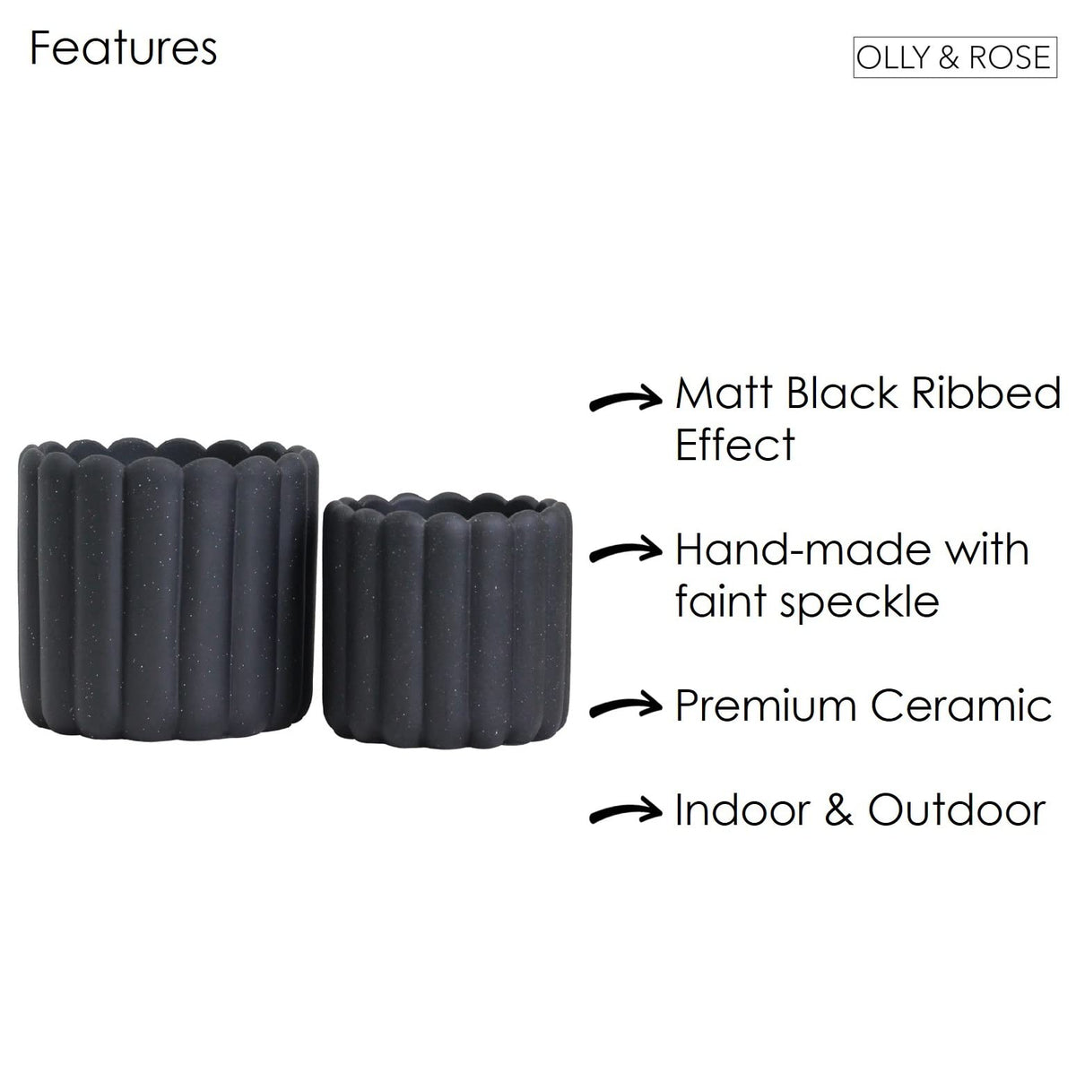 Olly & Rose iOS Vertical Striped Ribbed Plant Pot - Charcoal Speckled Ceramic Planters - 6.6 + 5 Inch Indoor and Outdoor Flower Pots Home Decor (Black Ribbed)