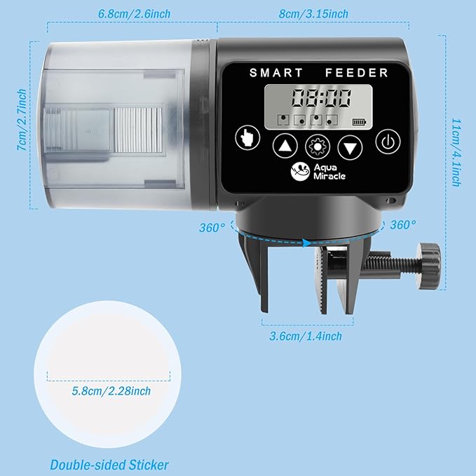 AquaMiracle Programmable Automatic Fish Feeder for Aquarium, Auto Fish Food Dispenser with Timer, Volume Adjustable Vacation Aquarium Feeder with Digital Display, for Granules Pallets Strips