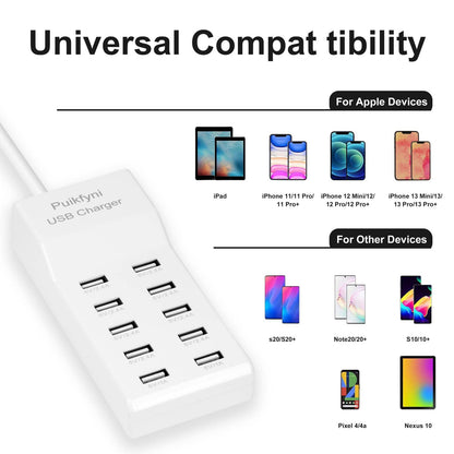 10-A Port USB Charger Station, smart Multiple Charging Block/USB Power Strip for Multiple Devices,Mobile Phones and iPads,Smart Watches Tablets (White)