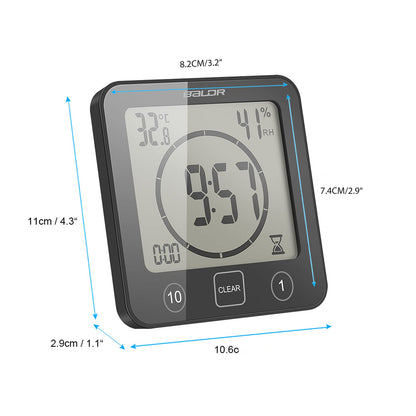 Digital Bathroom Shower LCD Wall Clock with Suction, Waterproof Temperature Humidity Gauge, Touch Screen Timer, Large Countdown Timer (Black)