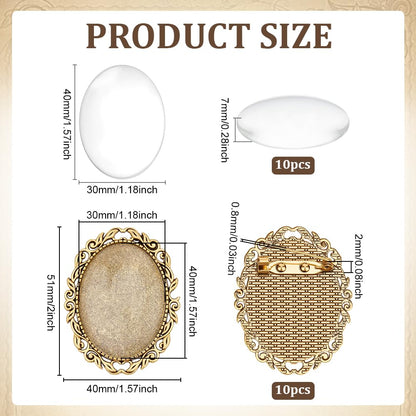 PH PandaHall 10 Sets Oval Brooch Cabochon Setting Vintage Oval Cabochons Bezel Photo Brooch Blank Bezel with Clear Glass Cabochon for Jewelry Making Christmas DIY Lapel Pins Gifts, 30x40mm