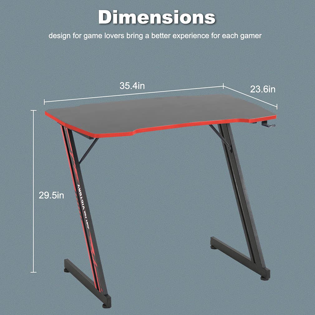 Gmaing Desk 35.4in PC Computer Desk Z Shaped Gaming Workstation Ergonomic Gaming Table with Headphone Hook for Home Office, Red
