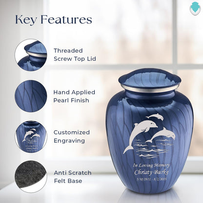 Geturns - Adult Personalized Dolphin Cremation Urns for Human Ashes I Large Pearl Cobalt Blue Funeral Urn for Men and Women I 200 lbs