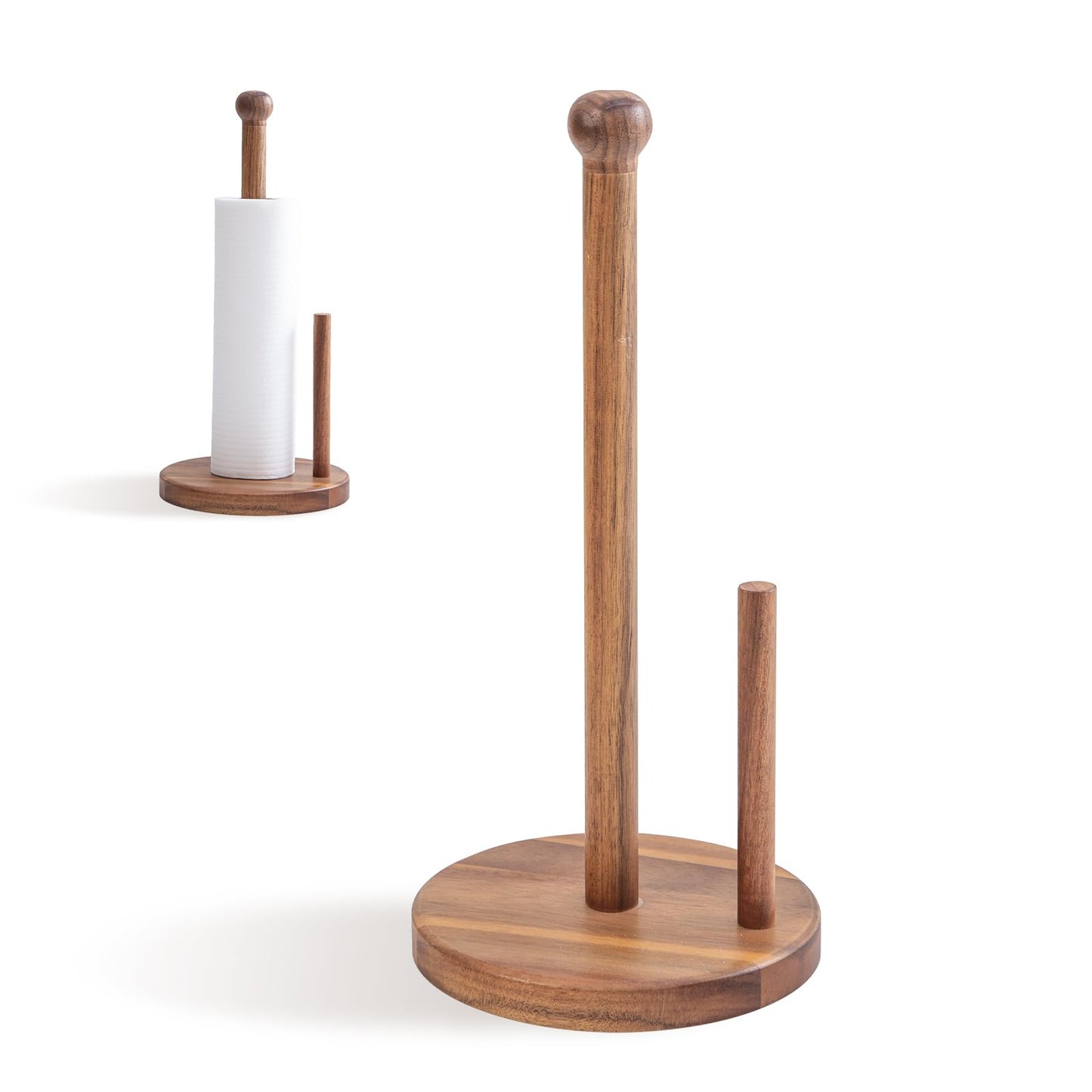 MornHalo 14.3" Acacia Wooden Paper Towel Holder, 6.7" Large Heavy Base Wooden Kitchen Roll Stand Organizer Free Standing, Rustic Farmhouse Paper Towel Holder Stand, Standing Paper Towel Roll Holders