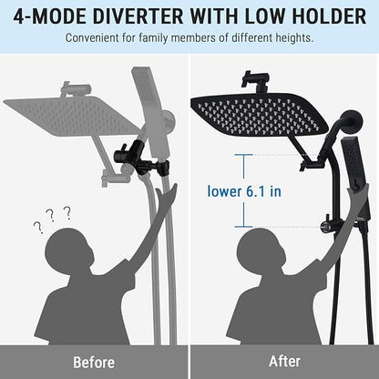 G-Promise All Metal 10 Inch Rain Shower Head with Massage Mode Handheld Spray Combo, 3-Way Diverter with Pause Setting, Full Body Coverage, Modern Bathroom Upgrade (Matte Black)