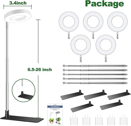 Aokrean Grow Lights for Indoor Plants, Full Spectrum Small Halo Plant Grow Light with Base, 48 LED Growing Lamp 10 Levels Dimmable Auto On Off 3/9/12 Hrs Timer for Small Plants, White, 3.5in, 5 Pack