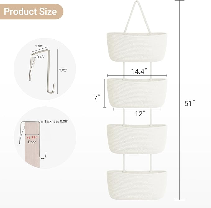 Dahey Over The Door Hanging Basket 4-Tier Woven Boho Wall Mounted Storage