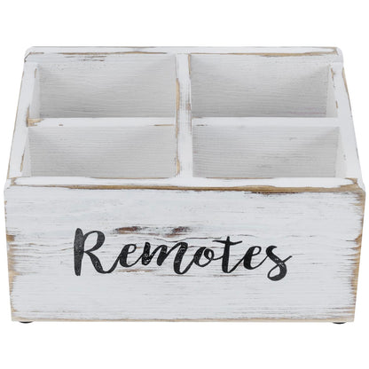 MyGift Wood Remote Control Holder Organizer with 4 Compartments, Media Remote Caddy Storage with Cursive REMOTES Design, Whitewashed