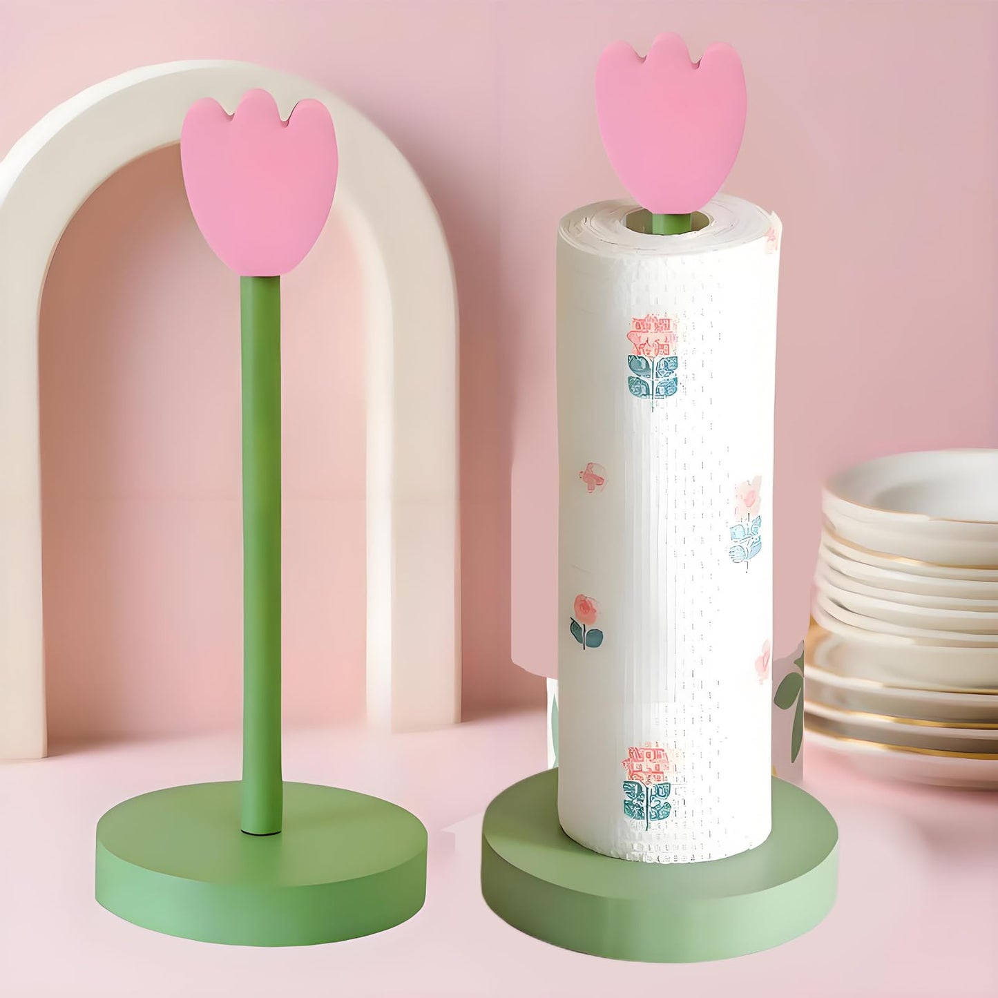 Paper Towel Holder Countertop, Cute Decorative Wooden Standing Paper Towel Roll Holder for Kitchen Bathroom, Bars & Dining Tables (Pink Flowers)