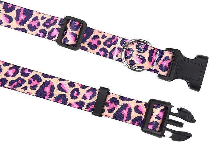 Mihqy Dog Collar and Leash Set with Bohemia Floral Tribal Geometric Patterns - Soft Ethnic Style Collar Adjustable for Small Medium Large Dogs(Pink Leopard Set,L)