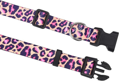 Mihqy Dog Collar and Leash Set with Bohemia Floral Tribal Geometric Patterns - Soft Ethnic Style Collar Adjustable for Small Medium Large Dogs(Pink Leopard Set,XS)