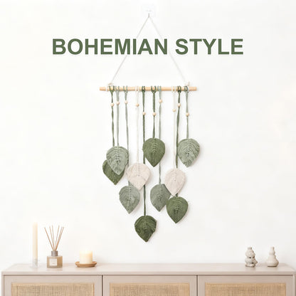 ZUDKSUY Boho Wall Hanging Decor, 16" x 35" Woven Leaves Tapestry with Feather & Yarn Tassels, Handmade Macrame Wall Art in Light Green for Living Room Bedroom Nursery