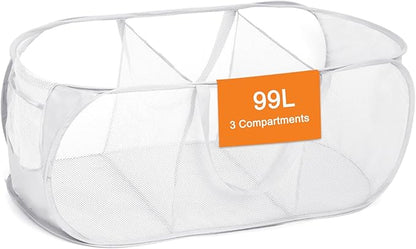 Durable Collapsible Foldable Mesh Pop Up Laundry Basket, 3 Compartments Easy to