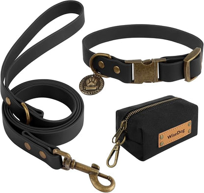 Wisedog Waterproof Dog Collar and Leash Set, M, Black | Adjustable Puppy Collar, Cute Tag, 5FT Leash, Includes Poop Bag, For Small Medium Large Dogs