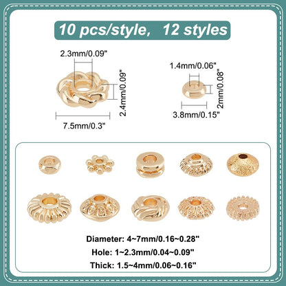PH PandaHall 120Pcs 14K Gold Spacer Beads, 12 Style Alloy Brass Spacer Beads Gold Flat Bead Flower Cylindrical Bead for Jewelry Making Stackable Bracelet Necklace Earring