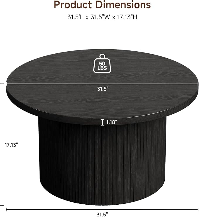 31.5" Round Coffee Table, Mid Century Modern Fluted Tambour Coffee Table, Engineered Wood Small Circle Center Table, Drum Accent Modern Living Room Table, Black