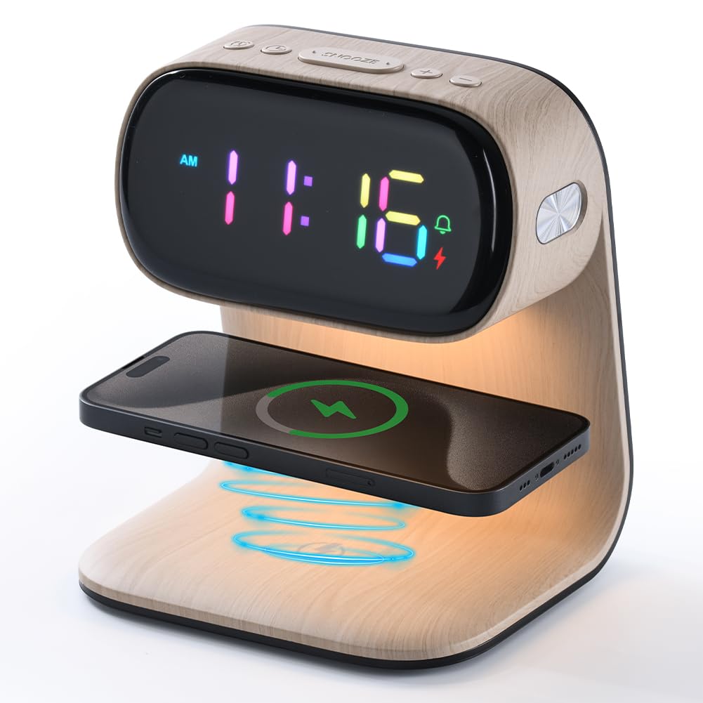 WILIT Digital Alarm Clock with Wireless Charging for Bedroom,Colorful LED Display,Dimmable Night Light with Snooze Function,Modern Bedsides Lamp Clock for Bedroom,Kids,Teens,Gift for Men, Women(Wood)