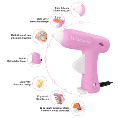 Hot Glue Gun Kit, Anti-Scald Nozzle, Fast Heating Mini Melt Gun with 30pcs Glue Sticks for Crafting, DIY, Art, Home Quick Repairs(Pink)