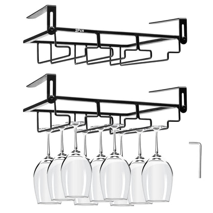 AUHOKY 2Pcs Adjustable Wine Glass Rack Under Cabinet, Punch-Free 3 Rows Stemware Metal Holder, Hanging Glass Storage Hanger Organizer for Shelf Kitchen Bar Decor (3 Rows, Black)