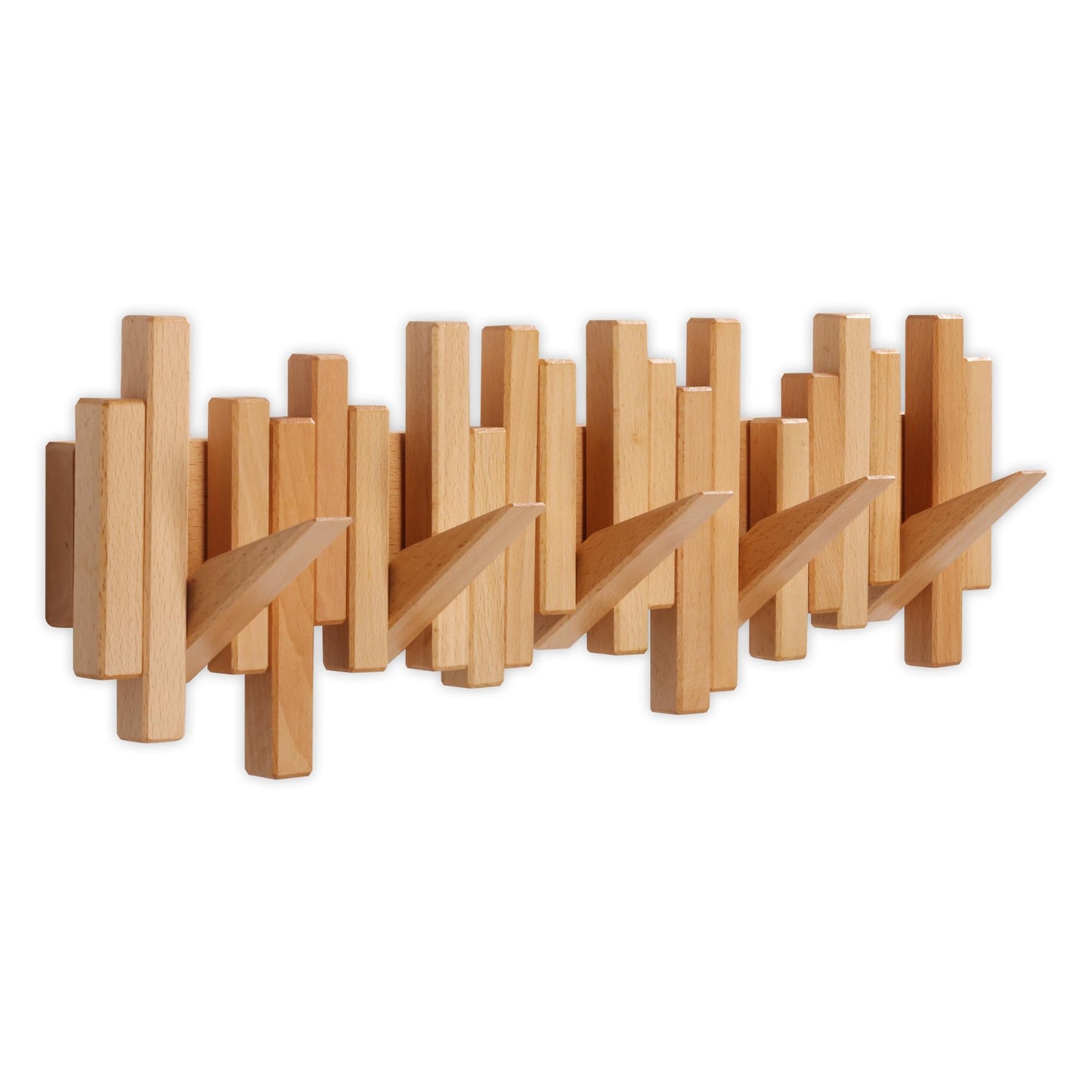 Acsigesn Wooden Coat Rack Wall Mounted Sticks Multi Rack Solid Handmade Natural Beech Wood Artwork with 5 Flip-Down Unique Modern Hooks for Coats Bag Hat Umbrella