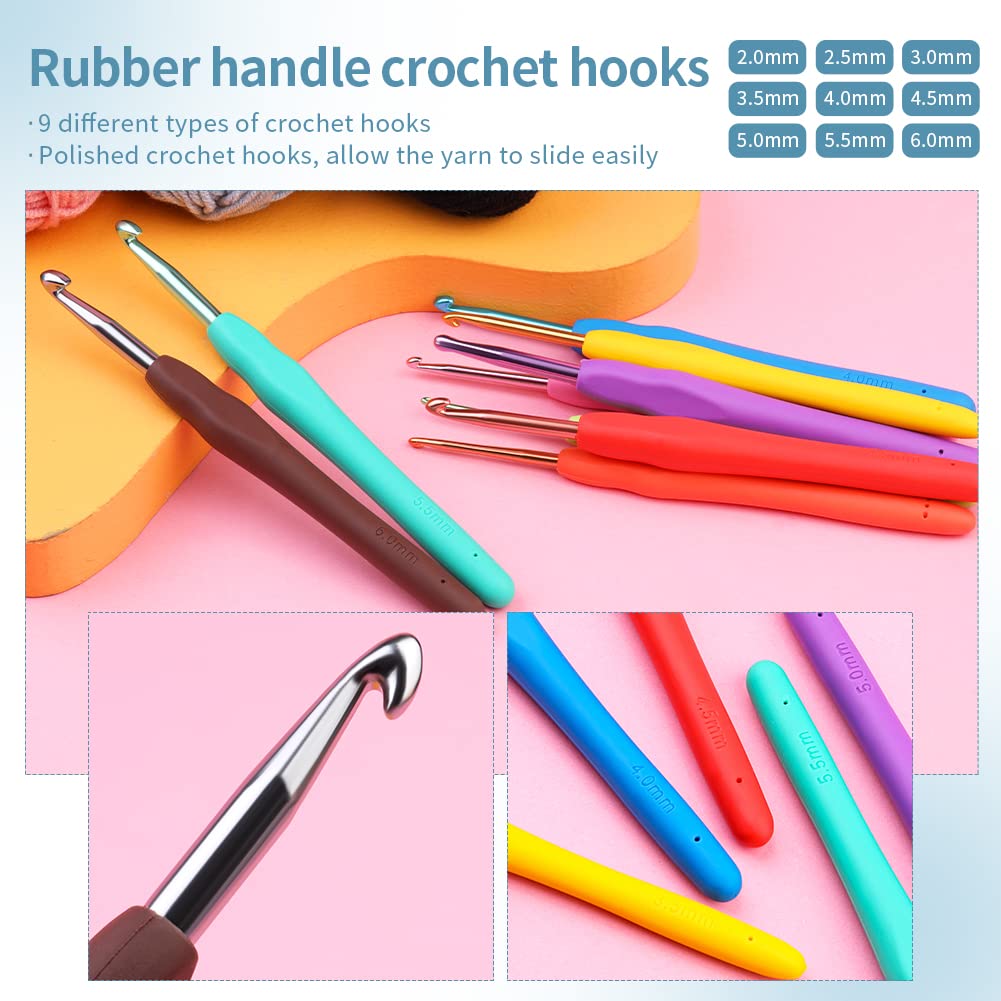 Crochet Kit for Beginners Complete 130 Pieces Starters Knitting Kit with Crochet Yarn, Ergonomic Crochet Hooks and Crochet Accessories in Hangable Storage Bag