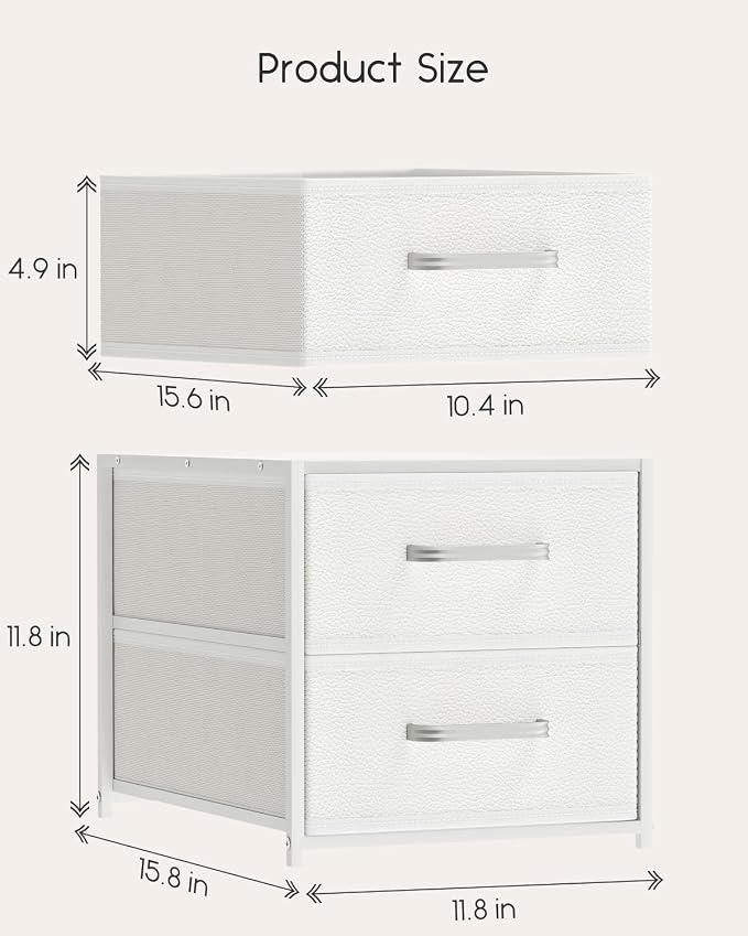 Homsorout 2 Drawers for Closet - Small Stackable Storage Organizer, Fabric Dresser Nightstand with Wooden Top & Metal Frame, Closet Drawer Organizers and Storage for Bedroom, Entryway, Dorm, White