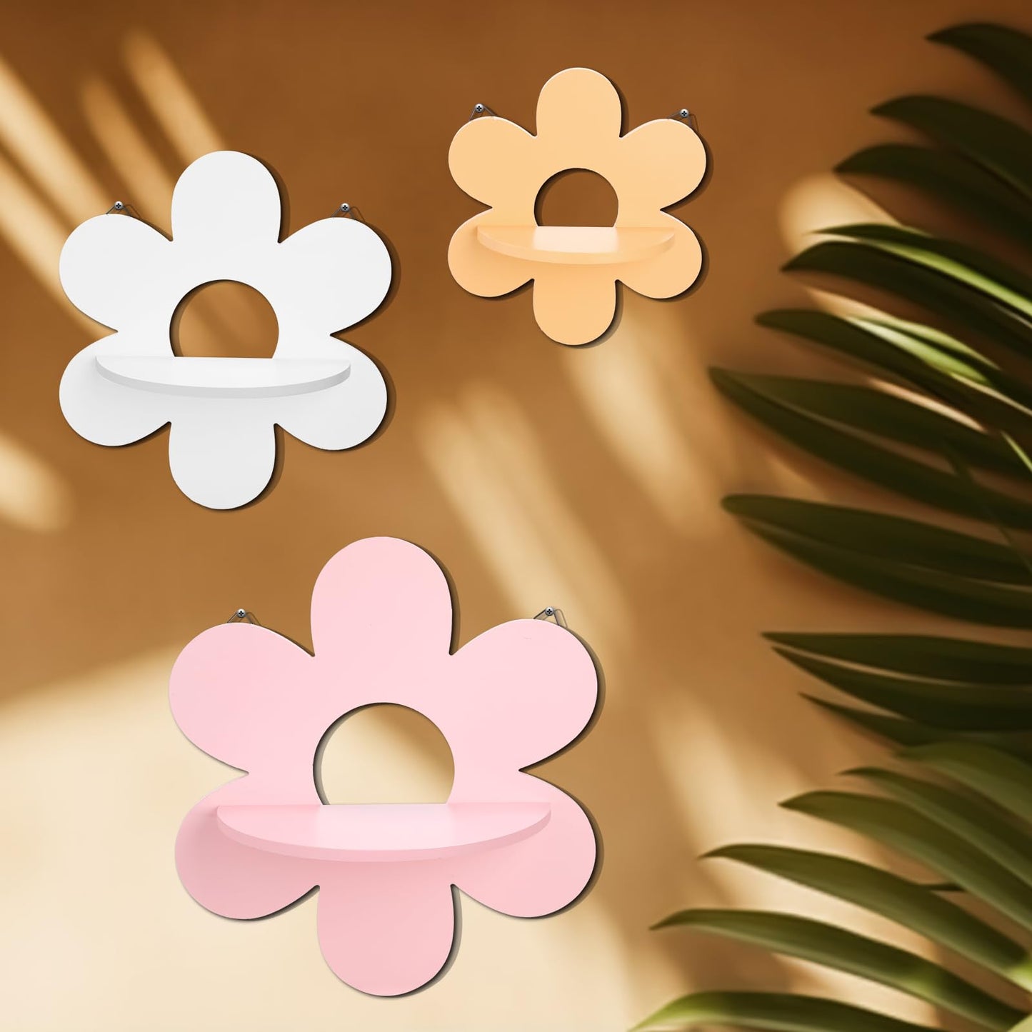 Soaoo 3 Pcs Daisy Flower Floating Shelves, Wooden Boho Daisy Plant Shelf, Wall Mounted Display Stand, Hanging Display Flower Decor for Living Room Bathroom Bedroom(Pink,White,Yellow)