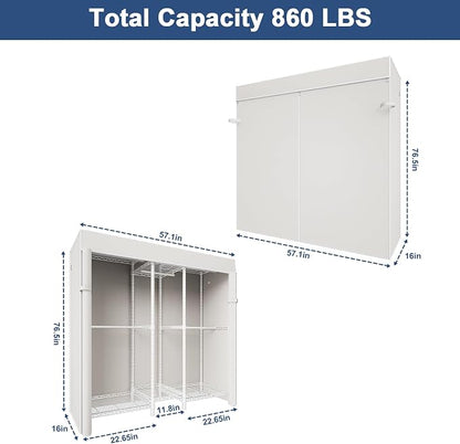 Ulif E12C Heavy Duty Closet Organizer System，Freestanding Clothing Rack, Adjustable Garment Rack 57.1" W x 16" D x 76.5" H Holds 860 lbs, White Clothing Rack with White Dustproof Cover