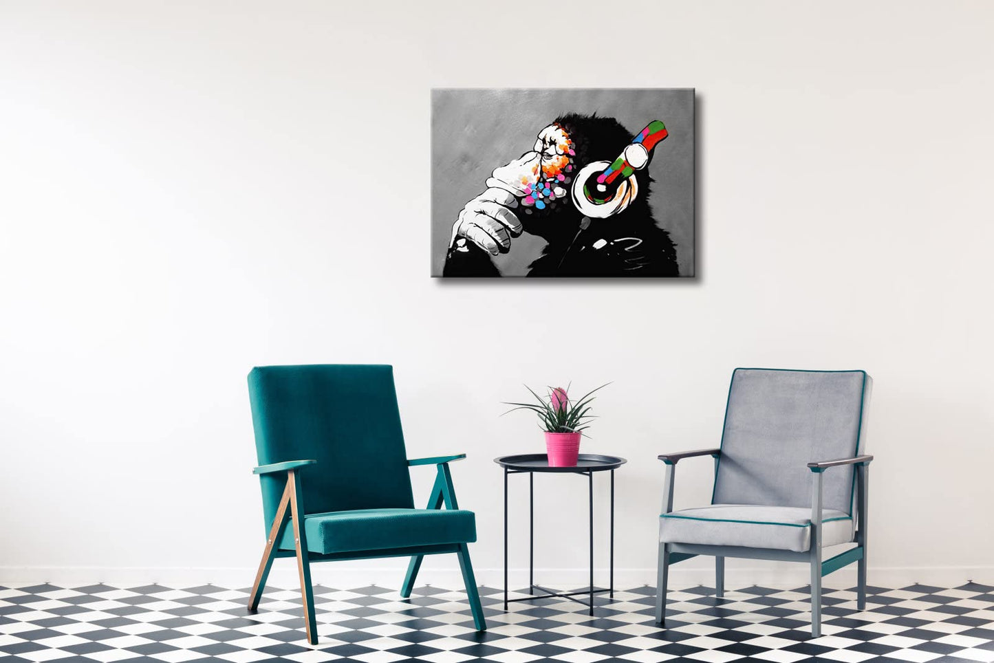 Wieco Art Black Framed Monkey With Headphones Banksy Graffiti Art Abstract Canvas Paintings Prints Animal Canvas Wall Art for Wall Decor and Home decorations Office Decor
