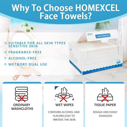 HOMEXCEL Face Towels 200 Count, Disposable Makeup Remover Wipes, Super Soft