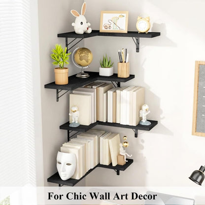 Love-KANKEI Corner Shelf Wall Mounted,Floating Wall Shelves for Storage,Rustic Wood Hanging Shelves for Display,Bathroom Kitchen Bedroom Living Room,Set of 4,Black