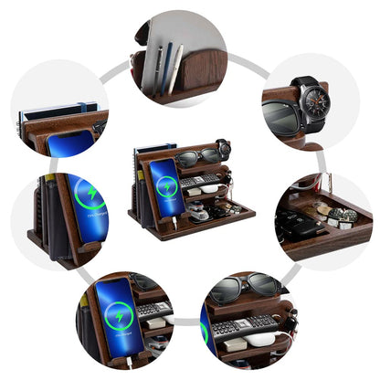 Gifts for Men Christmas, Wood Phone Docking Station, Mens Gifts for Birthday or Gifts for Dad Fathers Day, Desk Workspace Organizer Nightstand Organizer Key for Wallet & Watch Holder Husband Christmas