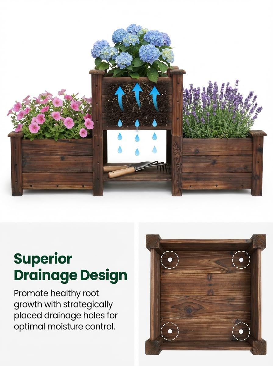 Borsynium Wooden Raised Planter Box Set, 3-Tier, Carbonized Brown, Outdoor Garden Bed, Rustic Style