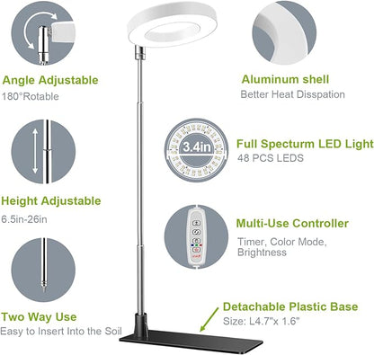 Kullsinss Grow Lights for Indoor Plants, Full Spectrum Halo Growing lamp with Detachable Base, Height Adjustable, 3 Colors, 10 Dimming, Automatic Timer, Plant Light for Small Plants Growing, 2-Pack