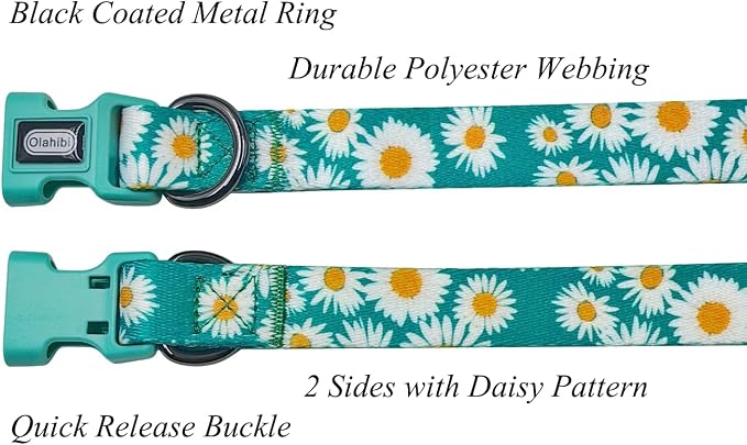 Dog Collar and Leash Set, Cute Daisy Pattern, Polyester Material, 5ft Leash, for Medium Dogs.(Medium,Green Daisy)