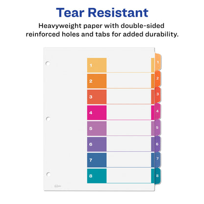 Avery 8 Tab Dividers for 3 Ring Binders, Customizable Table of Contents, Multicolor Tabs, 6 Sets (11186)