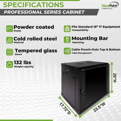 Navepoint 9U Deluxe IT Wallmount Cabinet Enclosure 19-Inch Server Network Rack with Locking Glass Door - Black
