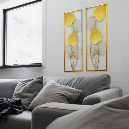 XUANYUQL 2 Pieces Metallic Leaves Wall Decors Luxury Golden Metal Art Wall Sculptures 32" X 12" Modern Wall Hanging Sculptures with Frame for Bedroom Living Room Kitchen Dining Room Office