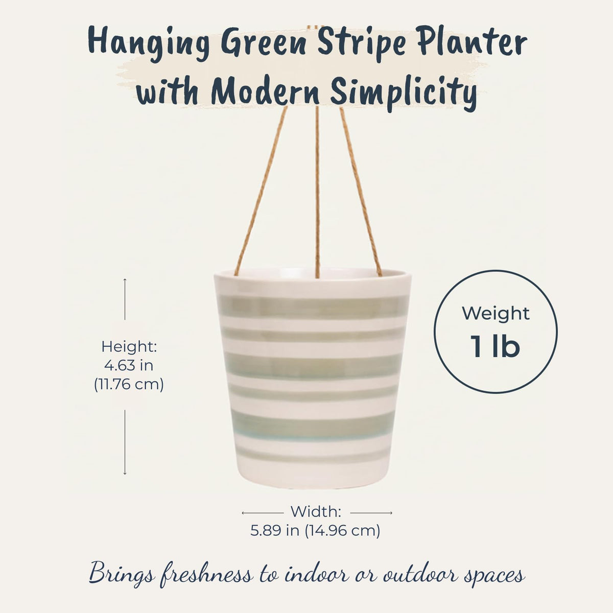 Blue Sky Ceramic Hanging Green Stripe 6.5'' Flower Pot, Multi Color