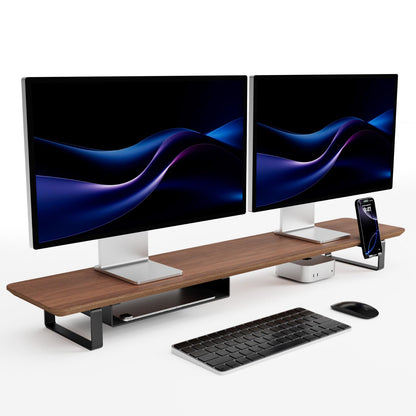 muso wood Dual Monitor Stand with Storage Shelf, 45 Inch Wooden Monitor Riser for 2 Monitors, Walnut Desk Shelf for Computer, Laptop, Screen, TV, Printer
