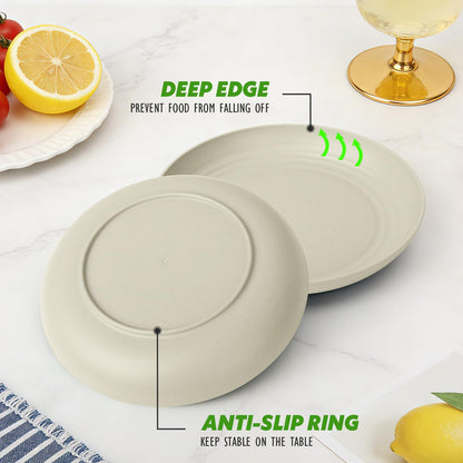 Perlapoc Wheat Straw Plates 6-Piece Set, 10 Inch Unbreakable Deep Dinner Plates, Reusable Plastic Plates Microwave and Dishwasher Safe BPA-Free for Family, Daily Use, LightGrey