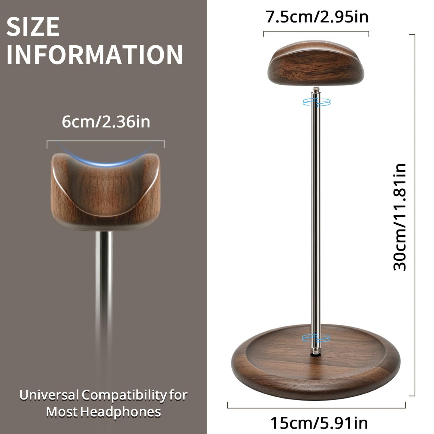 Oxmidud Headset Stand for Desk, Walnut Wood ＆ Stainless Steel Universal Wooden Headphone Holder with Storage Base, Gaming Equipment Accessories, Desk Organizer, Gifts for Gamers Men Boyfriend