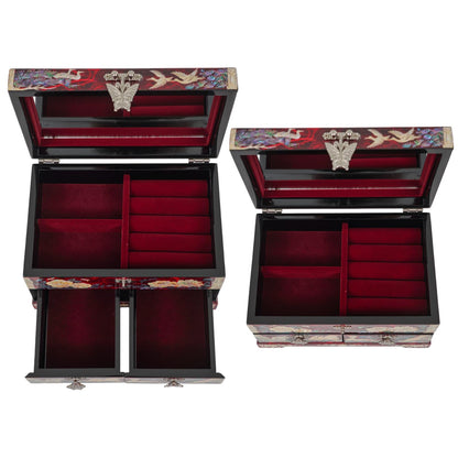 February Mountain Korean Mother of Pearl Jewelry Box – 2-Drawer Keepsake Box with Mirror, Traditional Oriental Trinket Organizer – Gift for Women, Mom, Wife, Anniversary (Crane and Pine tree - Red)
