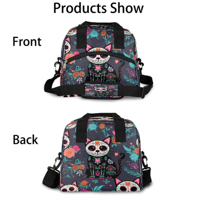 UOYO Lunch Bag Sugar Skull Flower Cat Lunchbox Organizer Insulated Waterproof Men Women Tote Cooler Handbag Adjustable Shoulder Strap for kids Girls Boys School Office Picnic