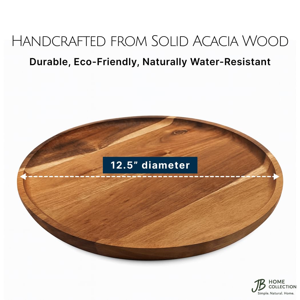 JB Home Collection, 12.5" Acacia Wood Round Serving Tray – Natural Wooden Platter for Charcuterie, Fruits, Snacks, Coffee, Tea – Rustic Food Board for Kitchen, Dining, Entertaining