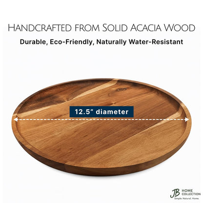 JB Home Collection, 12.5" Acacia Wood Round Serving Tray – Natural Wooden Platter for Charcuterie, Fruits, Snacks, Coffee, Tea – Rustic Food Board for Kitchen, Dining, Entertaining
